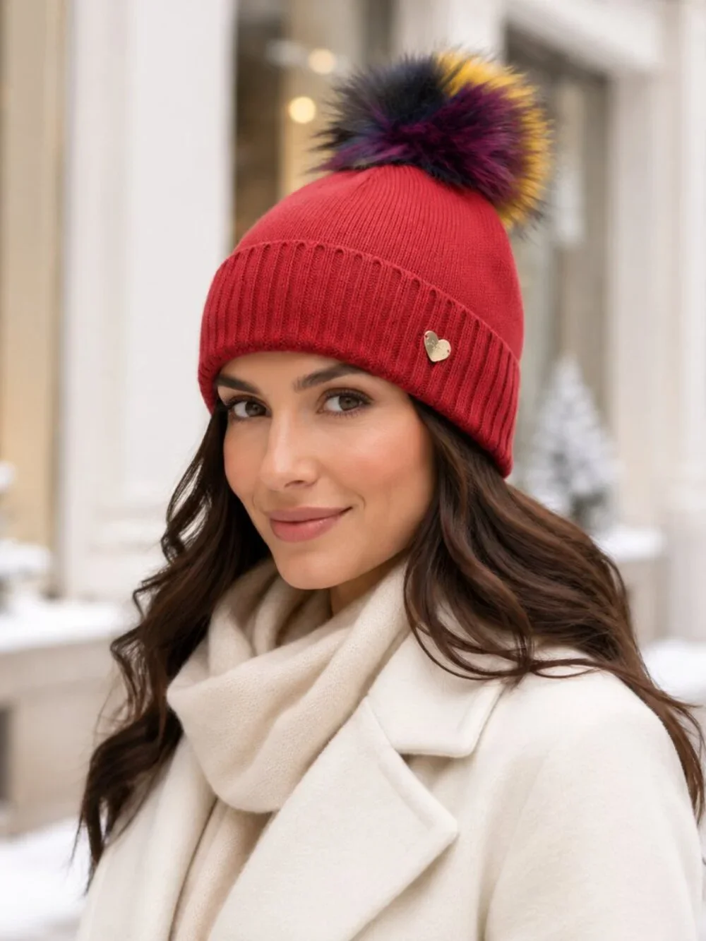 Betsey Johnson Red Knit Beanie Multicolor Faux Fur Pom Pom Hat NWT